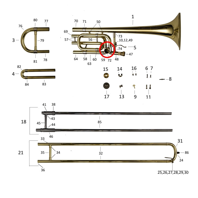 Bach Stradivarius 36B, 42B, TB200B, Trombone rotor assembly, Rotor, Bearing Plate, Housing & Cap