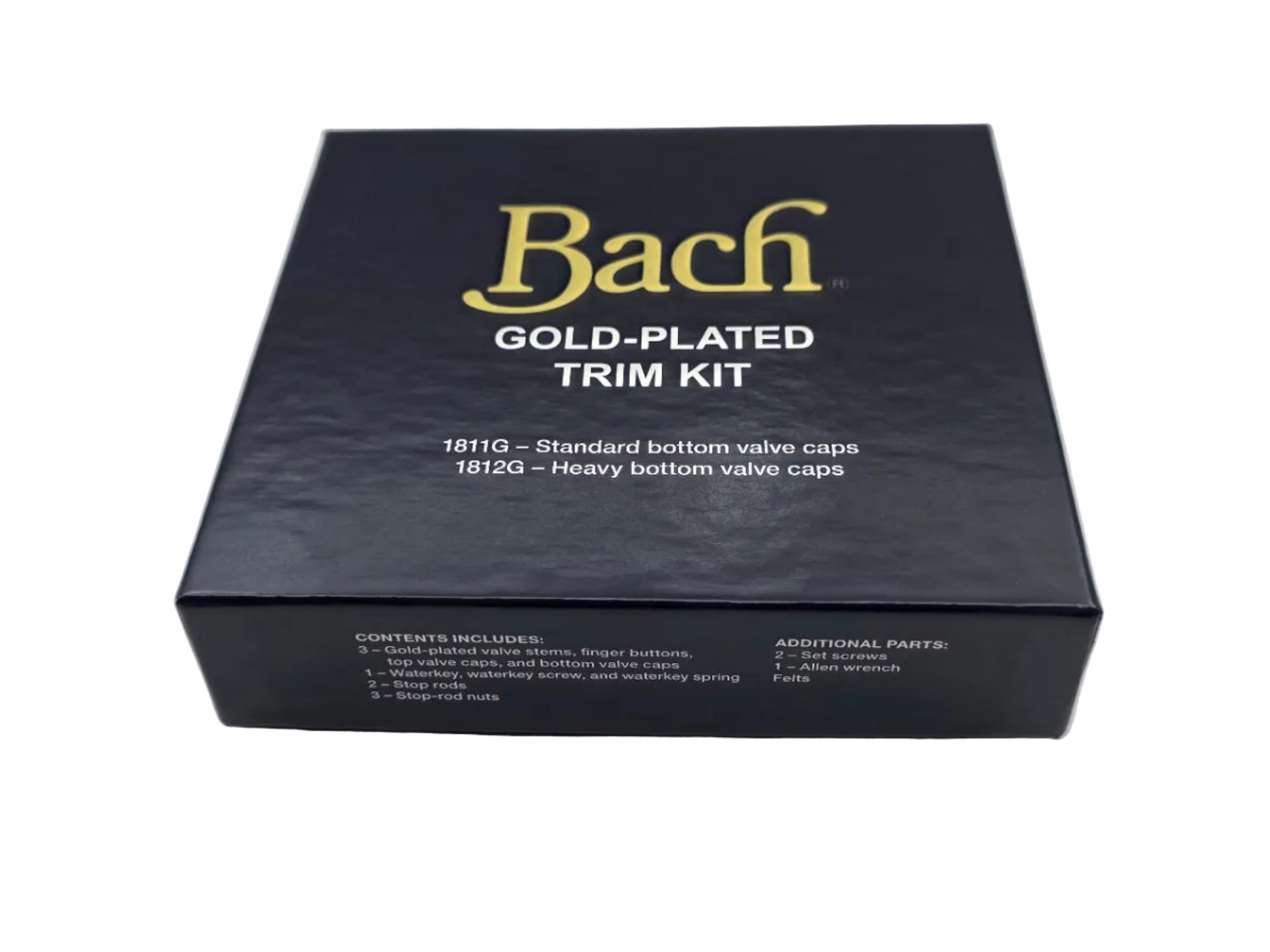 A black rectangular box for the Bach Gold-Plated Trim Kit, featuring gold and white lettering, set against a plain white background.