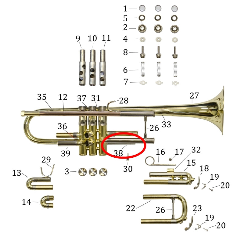Bach Trumpet Models Prelude and TR500 Brace, Lower Tuning Slide to Lower 3rd Slide