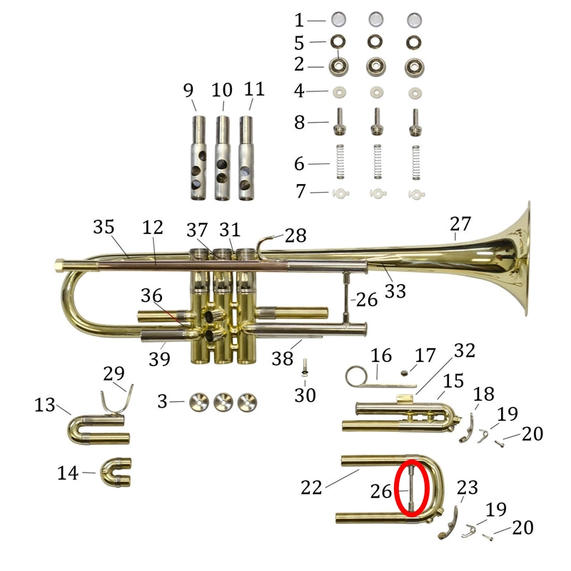 Bach Trumpet Student Model TR500S Main Tuning Slide Brace Rod and Socket