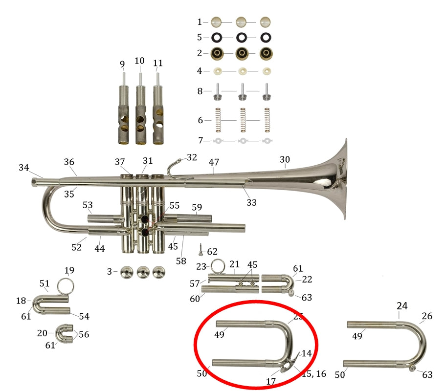 Bach Commercial Bb Trumpet Main Tuning Slide, D Style, Large Bore, Silver Plated