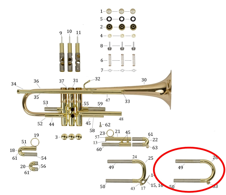 Bach Commercial Bb Trumpet Rounded Main Tuning Slide, Large Bore, Lacquer