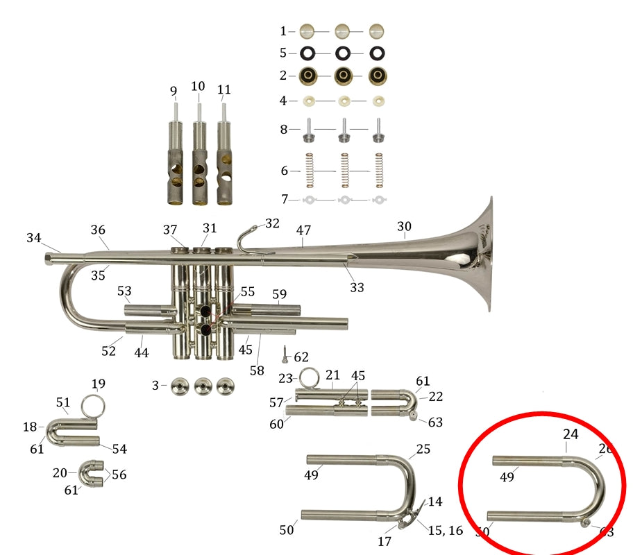Bach Bb Trumpet Model LT190SL1B Complete Rounded Main Tuning Slide