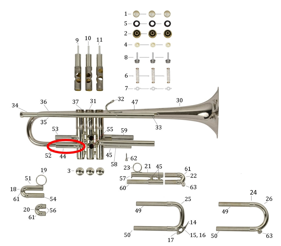 Bach Commercial Bb Trumpet Lower Outside 1st Slide Tube, Silver Plated