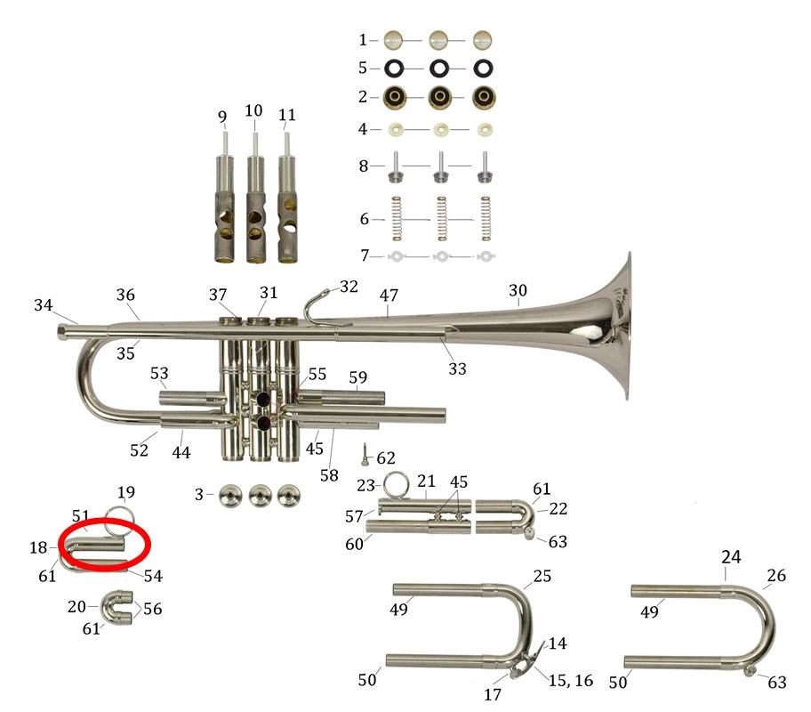 Bach Commercial Bb Trumpet Upper Outside 1st Slide Tube, Silver Plated