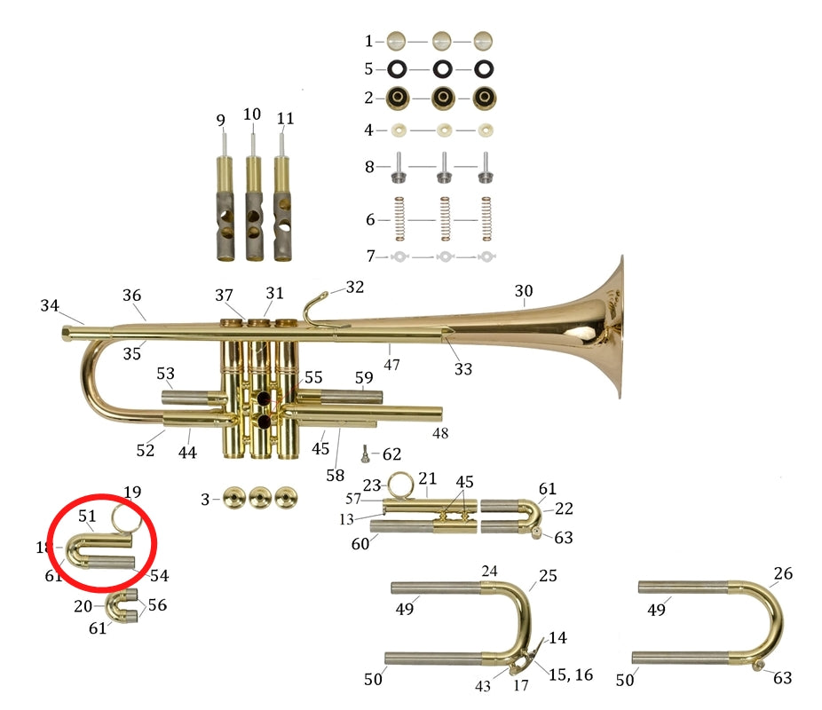 Bach Commercial Trumpet 1st Slide Assembly, Large Bore, Lacquer