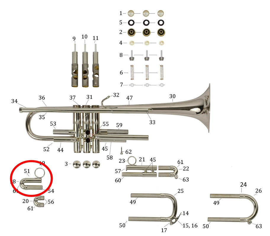 Bach Bb Trumpet 1st Slide Assembly, Light, Large Bore (Silver) for LT190SL1B