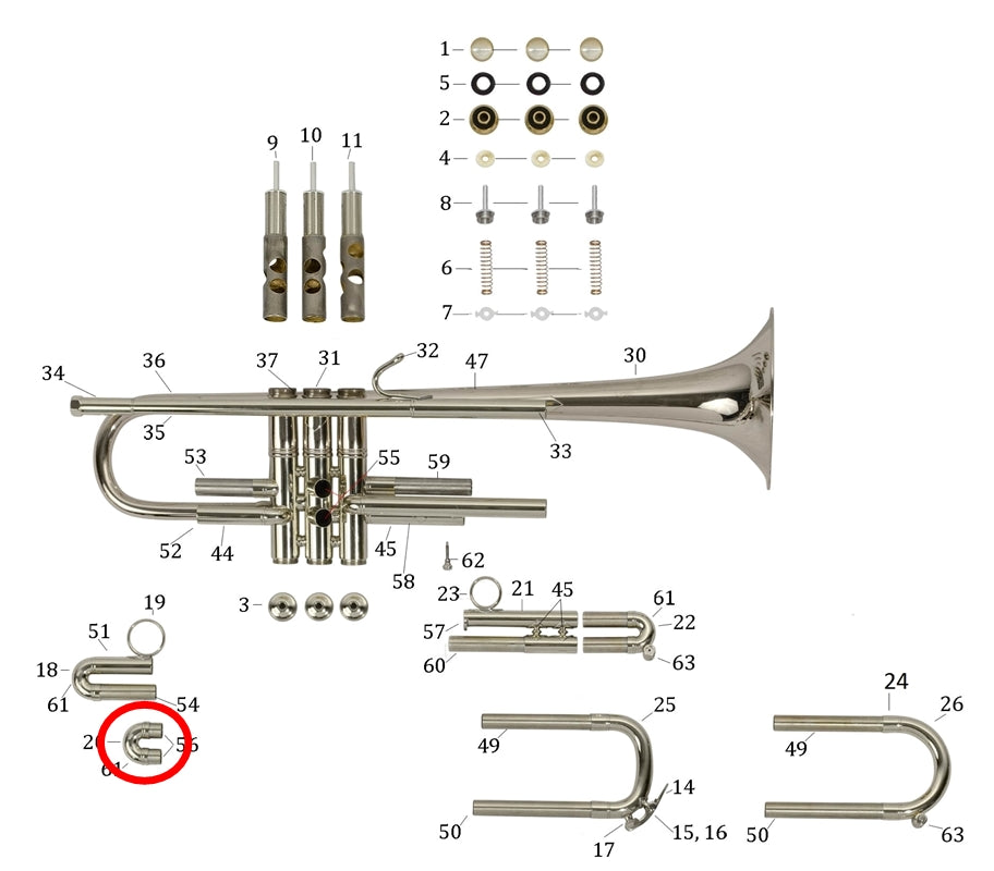 Bach LT190L1B Bb Trumpet 2nd Slide Assembly, Lightweight, Large Bore (Silver Plated)