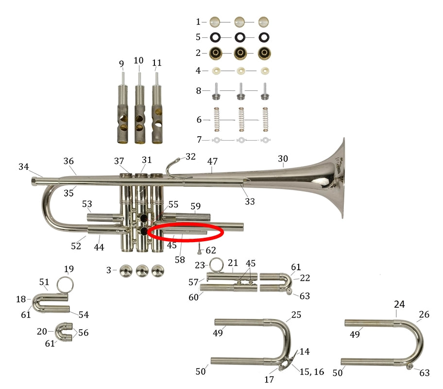 Bach Commercial Bb Trumpet Lower Outside 3rd Slide Tube, Silver Plated