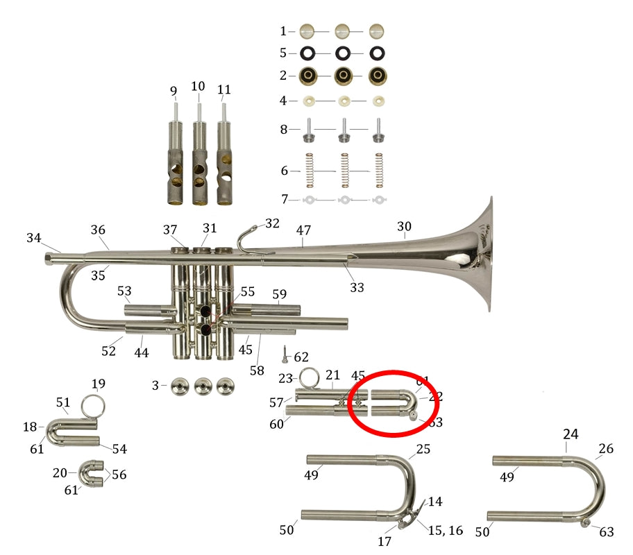 Bach Bb Trumpet 3rd Slide Assembly, Large Bore End, Silver