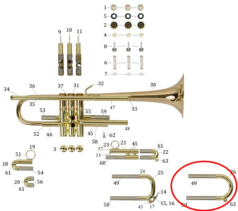 Bach Commercial Bb Trumpet Rounded Main Tuning Slide, Medium Large Bore, Lacquer