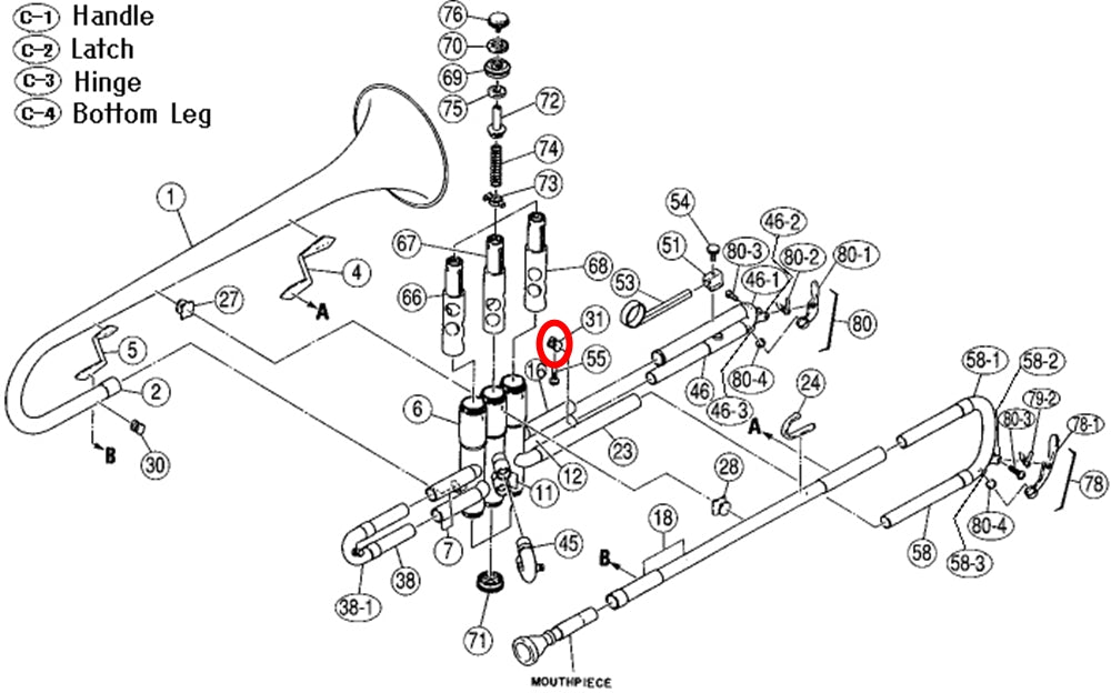 Yamaha Trumpet (1) Brace, Outside Tuning Slide to 3rd Valve Outside Slide