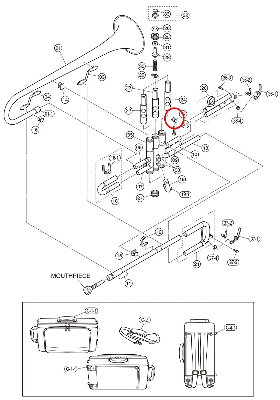 Yamaha Trumpet (1) Outside Tuning Slide to 3rd Valve Outside Slide Brace TR6335S
