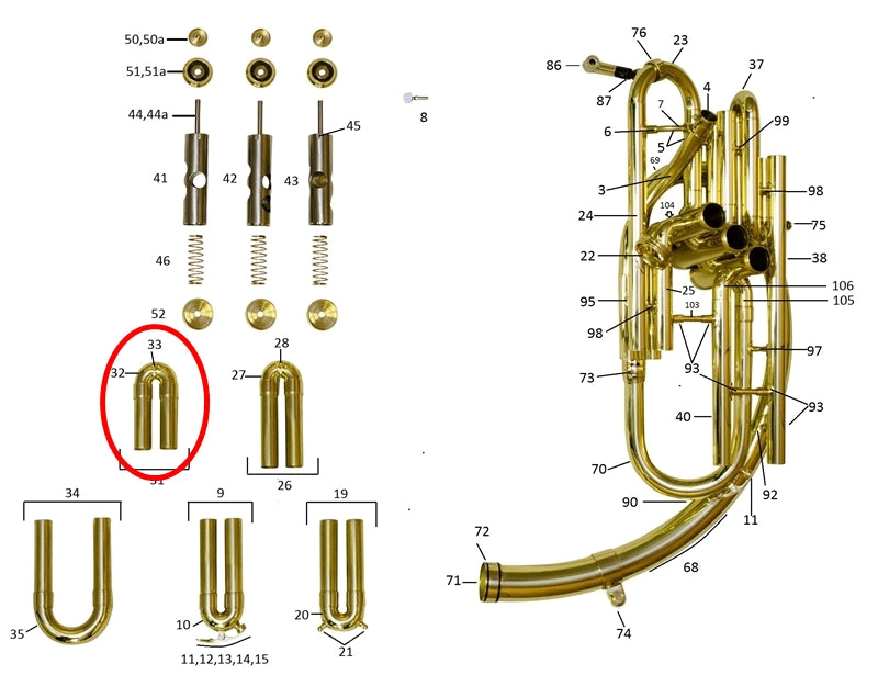 King 2350 Sousaphone Upper 3rd Slide Assembly