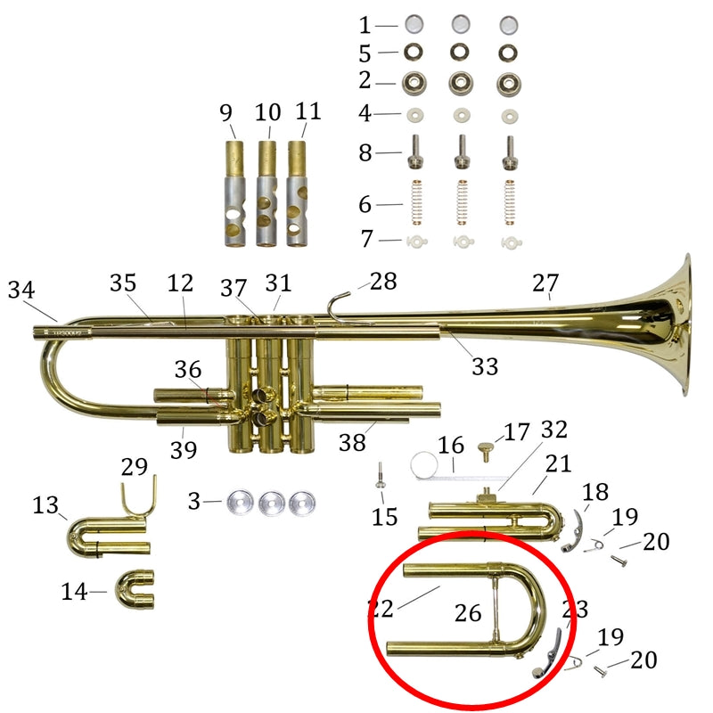 Bach Trumpet Student Model TR300 Main Tuning Slide Assembly, Silver Plated