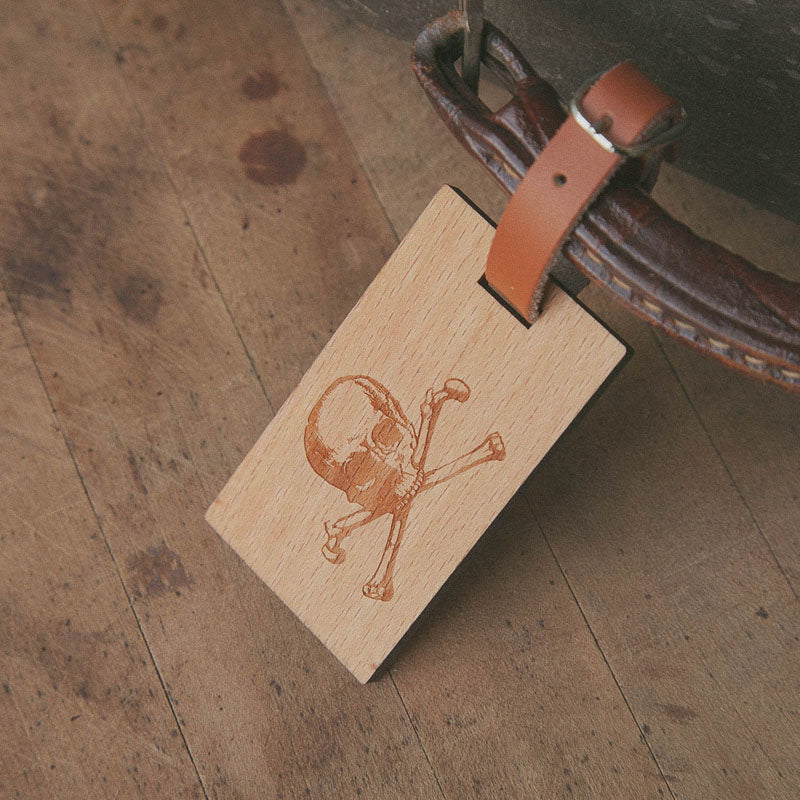 Skull and Crossbones Wooden Rectangle Tag