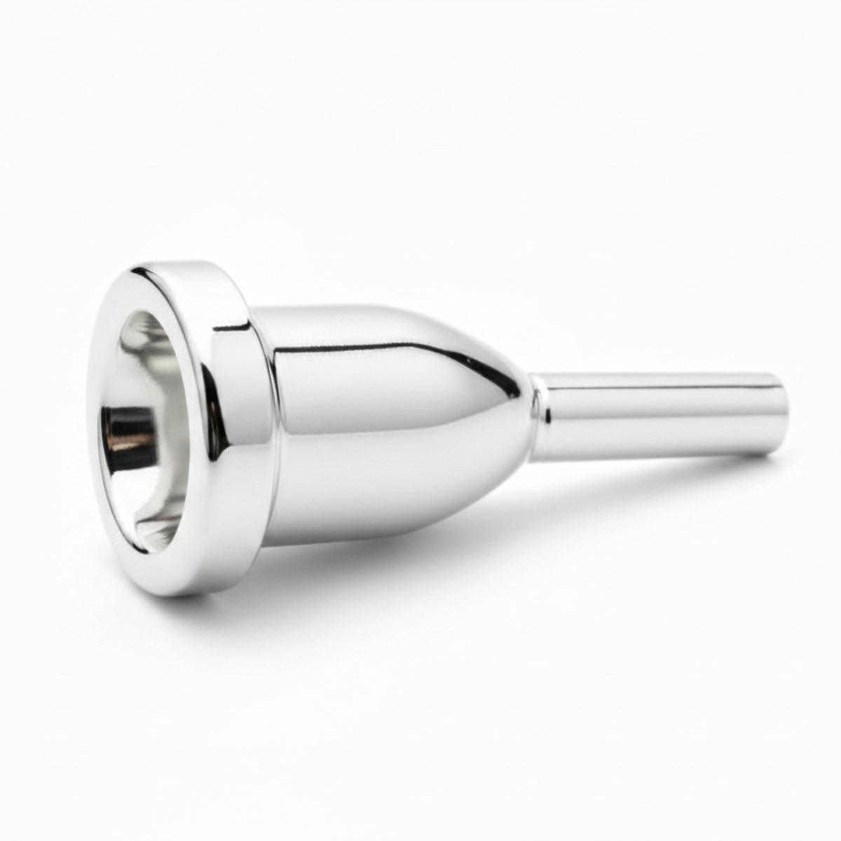 Silver plated brass instrument mouthpiece on a white background
