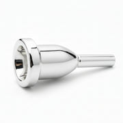 Silver plated brass instrument mouthpiece on a white background
